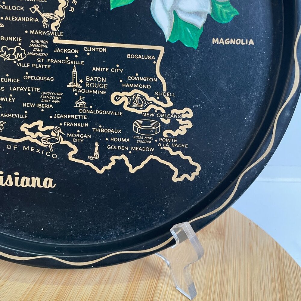 Vintage State of Louisiana Souvenir Tray Black Metal Travel Magnolia Pelican - Picture 2 of 6
